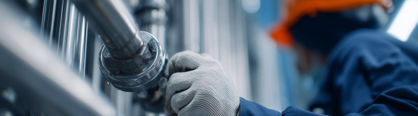 Ingenieurhand mit Handschuh dreht Ventil an Edelstahlrohren.a