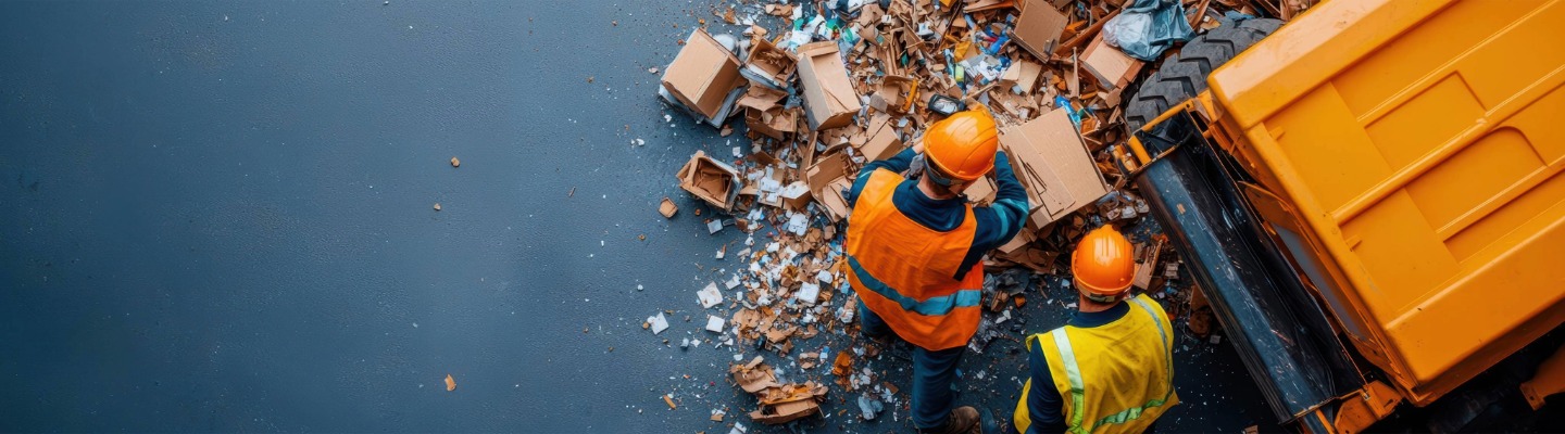 Bauabfall auf Baustelle, Arbeiter räumen Müll auf, gelbe Schutzkleidung, Abfallmanagement, Sicherheit