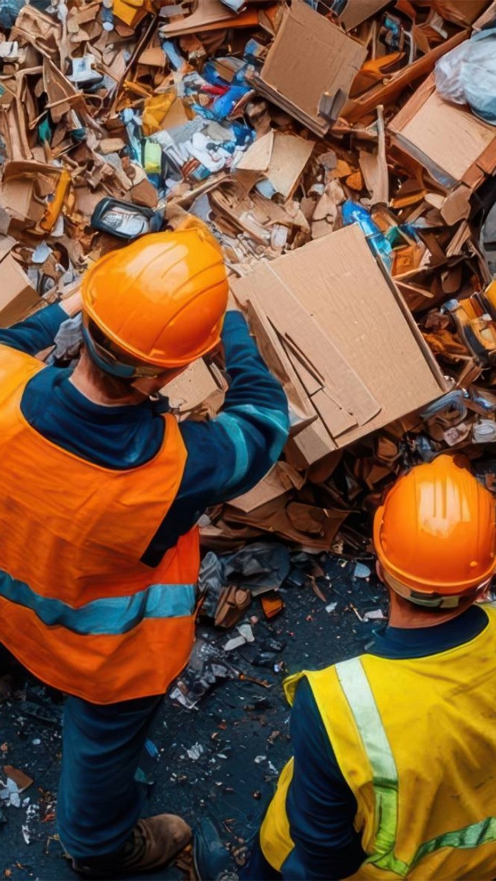 Bauabfall auf Baustelle, Arbeiter räumen Müll auf, gelbe Schutzkleidung, Abfallmanagement, Sicherheit
